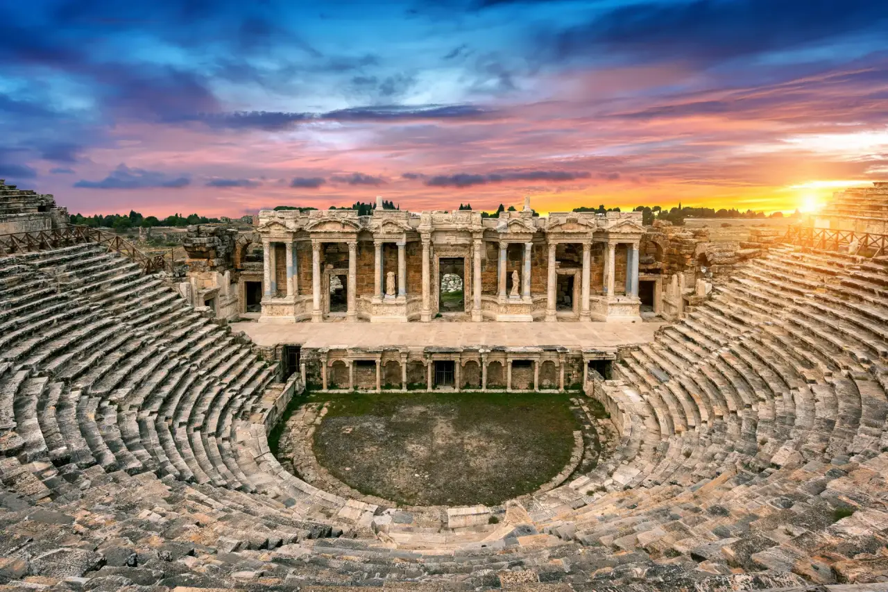 amphitheater-ancient-city-hierapolis-sunset-pamukkale-turkey