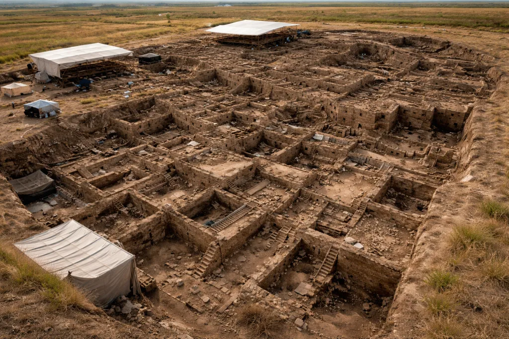 Ricostruzione visiva ispirata al sito archeologico di Çatalhöyük Ricostruzione visiva ispirata al sito archeologico di Çatalhöyük